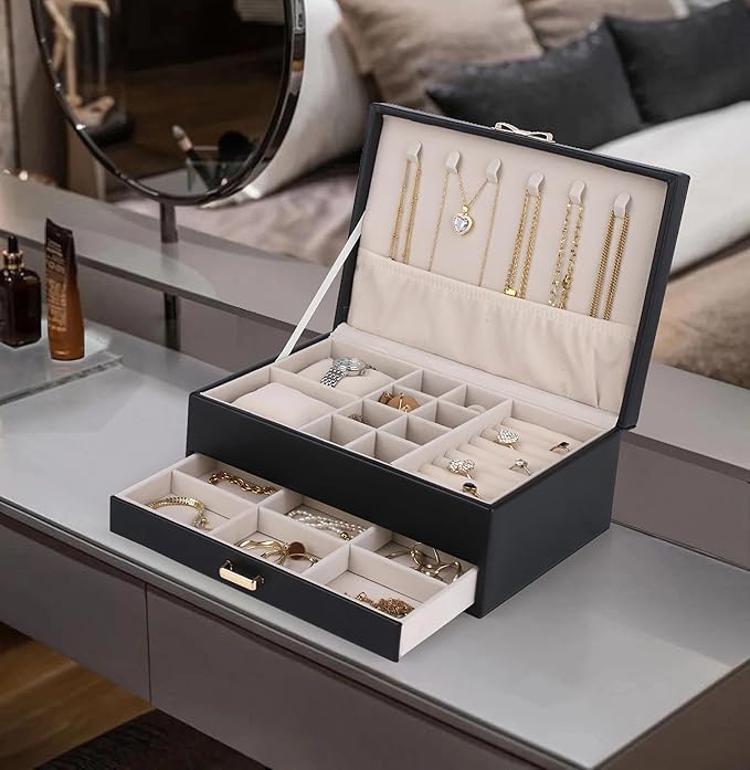 HofferRuffer Jewelry Box with Drawer for Women‌ Girls, Faux Leather Storage Jewelry Organizer Jewelry Case with Two Layers Display for Earrings Rings Necklaces (Black)