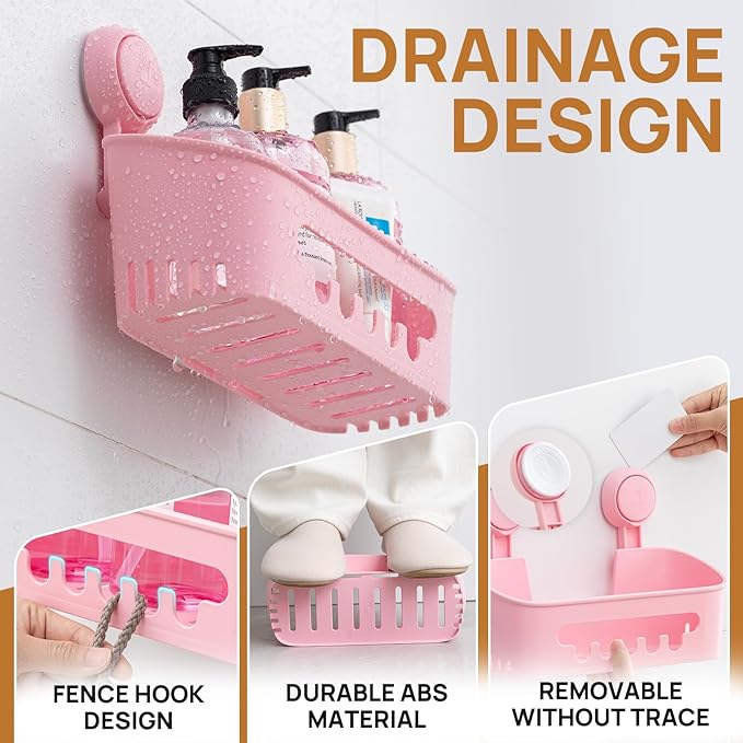 LEVERLOC Shower Caddy Suction Cup, Shower Organizer Removable Bathroom Shelf, Storage Suction Powerful Max Hold 22lbs Bathroom Caddy Waterproof Holder, Pink