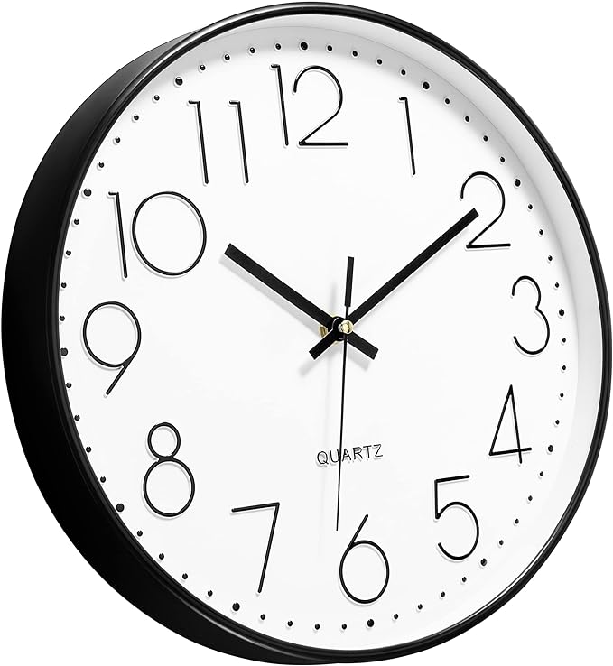 Foxtop Black Wall Clock 12 Inch Silent Non Ticking Quartz Battery Operated Round Clock Easy to Read for Office Classroom School Home Living Room Bedroom Kitchen Decor