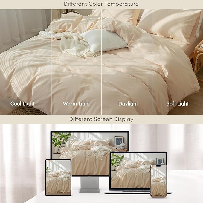 MooMee Bedding Duvet Cover Set 100% Washed Cotton Linen Like Textured Breathable Durable Soft Comfy (Solid Sandy Beige, Cal King 104"x98")