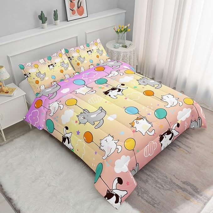 Kids Comforter Set Cute Cats Printed Pattern Bedding Set with 1 Comforter and 2 Pillowcases for Girls Boys Bedroom All Season(Cat1 Twin)