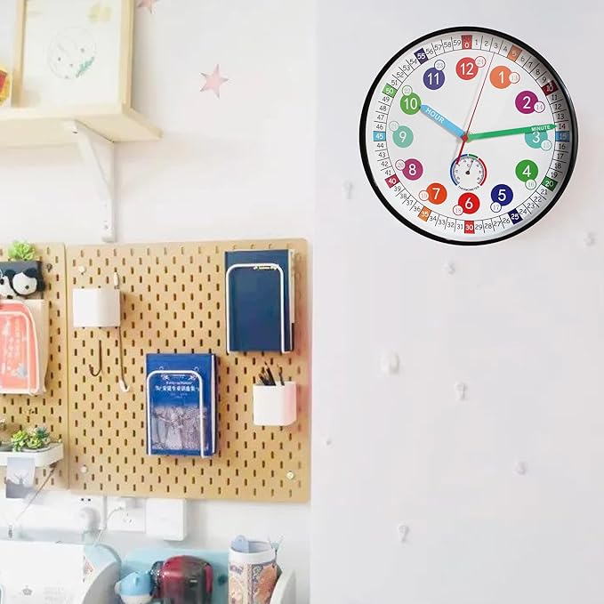 Learning Time Clock for Kids ，10Inch Colorful Clock Face Silent Clocks，Bedroom,Kitchen,Classroom,Décor at School, Clear Digital Wall Clock for Kids Room (Black)