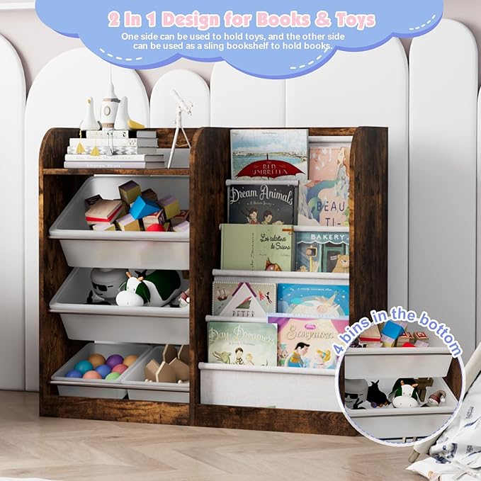 Rustic Kids Wood Bookshelf Toy Storage Box Organizer Shelf W/4 Removable Plastic Toy Bins Children Bookcase Toddler Baby Sling Book Rack Cabinet Chest Girl Boy Gift Playroom Classroom Bedroom Nursery
