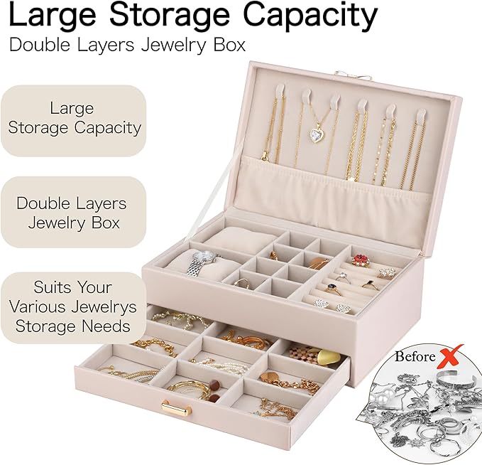 HofferRuffer Jewelry Box with Drawer for Women‌ Girls, Faux Leather Storage Jewelry Organizer Jewelry Case with Two Layers Display for Earrings Rings Necklaces (White)