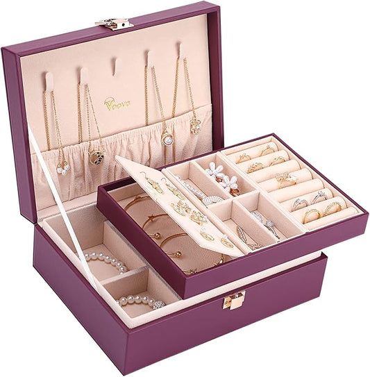 Voova Jewelry Box Organizer for Women Girls, 2 Layer Large Men Jewelry Storage Case, PU Leather Display Jewellery Holder with Removable Tray for Necklace Earrings Rings Bracelets, Vintage Gift, Purple
