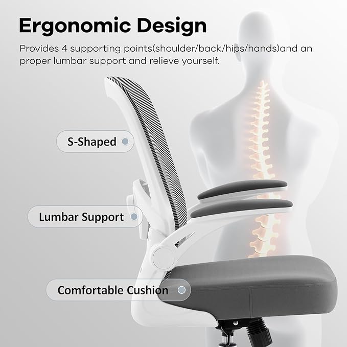Office Chair,Ergonomic Desk Chair with Adjustable Lumbar Support, Mesh High Back Computer Chair with Flip-up Armrests,Rocking Tilt Rolling Swivel Executive Chair for Home Office Grey