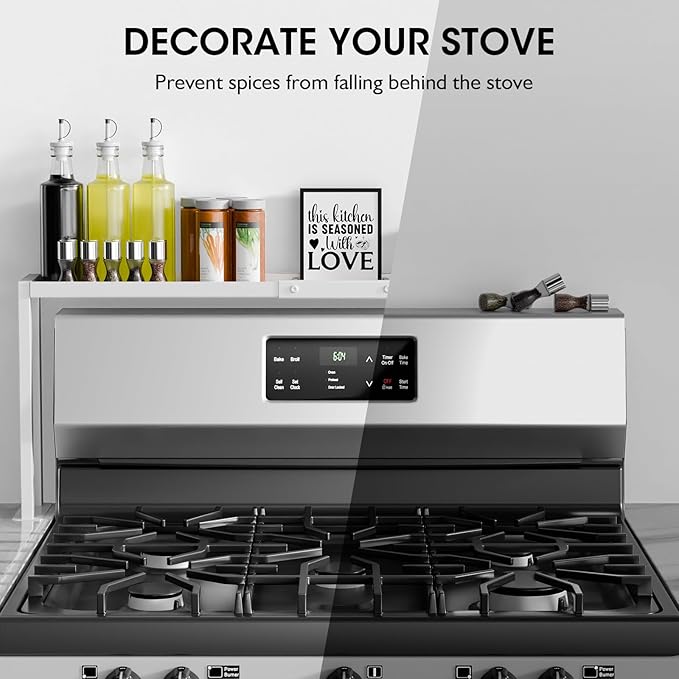 Bumusty Spice Rack Shelf for Kitchen Stove, 32" Adjustable Oven Spice Rack, Seasoning Organizer Kitchen Shelves，White