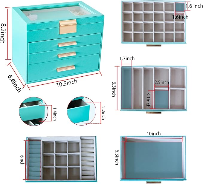 BOOVO Jewelry Boxes for Women, White and Black 4 Layer Glass Lids Jewelry Box for Necklace, Bracelet, Earrings, Rings Storage, Jewelry holder Organizer for Girls Gift (Turquoise, 4 layer)