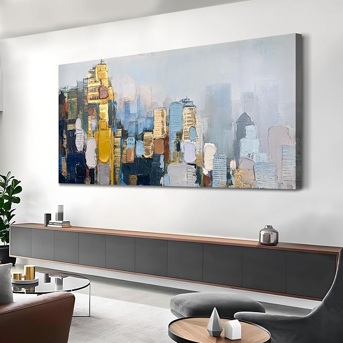 Arjun Abstract Wall Art 3D Textured Skyline Canvas Painting Gold Grey Colorful Modern Cityscape Metropolitan Picture City Artwork Framed Large for Living Room Bedroom Bathroom Home Office Wall Decor