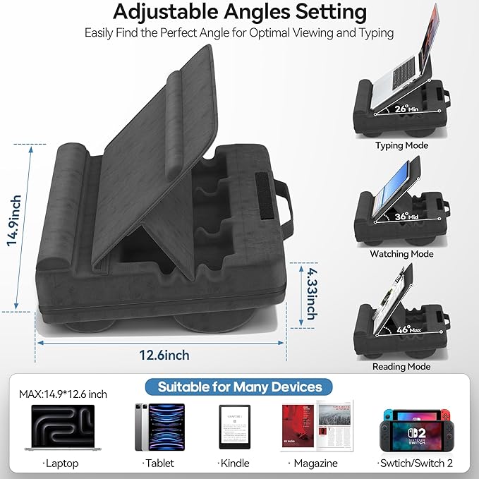 Laptop Lap Desk with Cushion, Adjustable Lap Desk Pillow with Storage, Portable Lap Table for Adults Student, Laptop Stand for Bed Office College Dorm Home Room Couch, Fit Up to 14.9" PC Tablet, Black