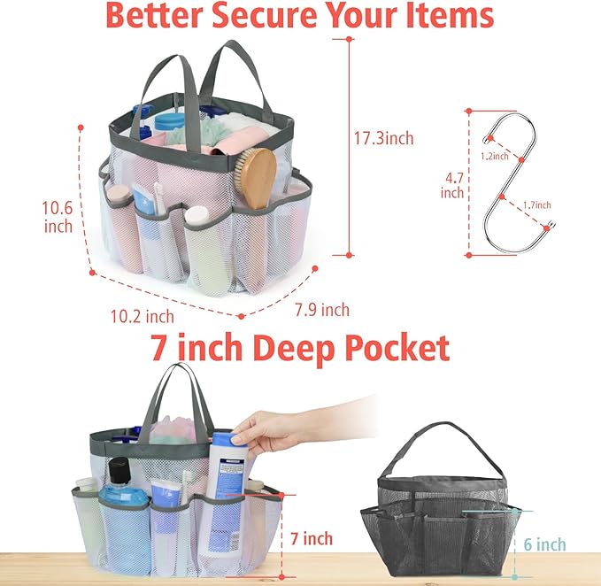 F-color Mesh Shower Caddy Portable, Upgrade Deeper 7 Pockets Shower Bag Basket Tote for College Dorm Room Toiletry Bathroom Essentials Gym Camp Quick Dry 2 handles with S Hook, White
