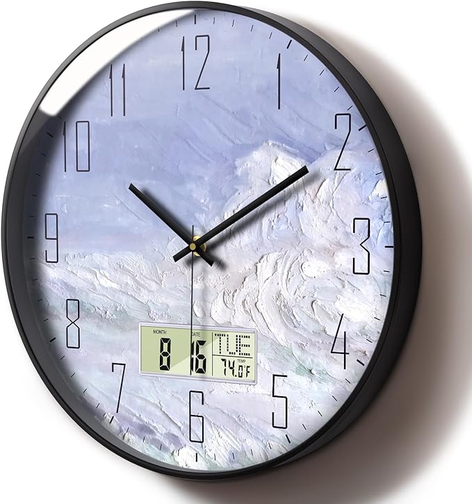 Digital Wall Clock Battery Operated with Day and Date Temperature Blue White Wave Calendar Clock with Large Display Silent for Room Bathroom Bedroom Living Room Farmhouse Decor 12 Inch