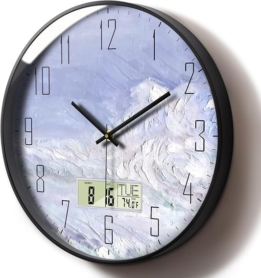 Digital Wall Clock Battery Operated with Day and Date Temperature Blue White Wave Calendar Clock with Large Display Silent for Room Bathroom Bedroom Living Room Farmhouse Decor 12 Inch