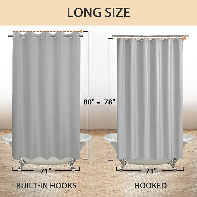 No Hook Grey Shower Curtain or Liner 78" Length - Soft Microfiber 78" Long Fabric Shower Curtain Liner Set, Machine Washable & Water Repellent, Gray, 71x80