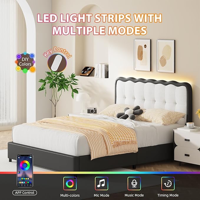 BarnFurin Queen Bed Frame with LED Lights, Queen Size Bed Frame with Headboard LED Lights, Upholstered Platform Bed with Cloud Headboard, No Box Spring Required, Easy Assembly, Black