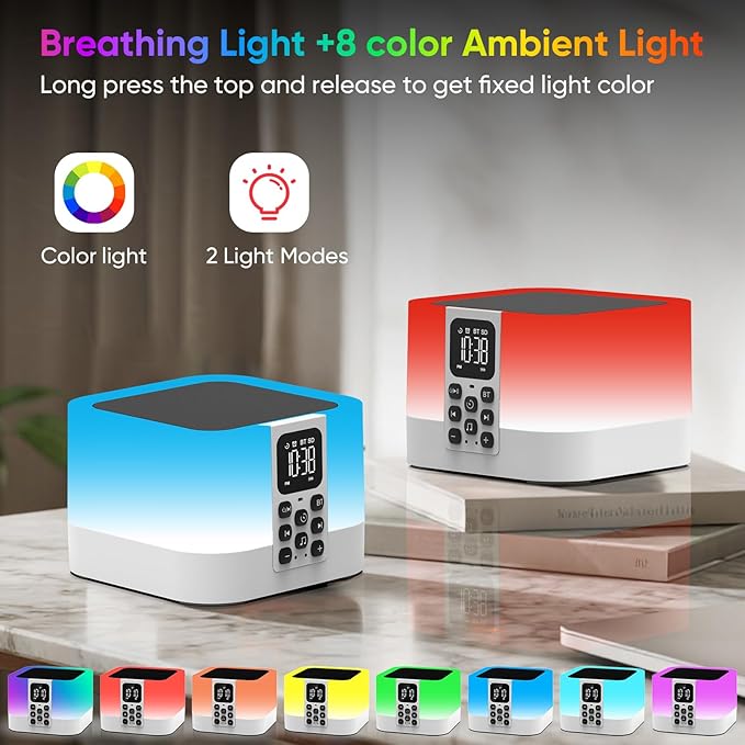 Night Light Bluetooth Speaker, Digital Alarm Clock, Touch Bedside Lamp for Bedroom, Sound Machine with White Noise, Dimmable Warm Light, Multi-Color Changing, Best Gifts for Teenage Boys Girls