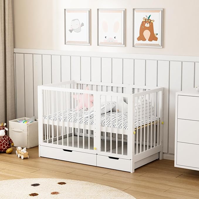 JOYMOR 8 in 1 Convertible Crib with Changer, Include 2” Mattress, Converts to Bassinet, Mid Crib, Full Size Crib, Daybed,Toddler Bed and Playard (Crib with Drawer, White)