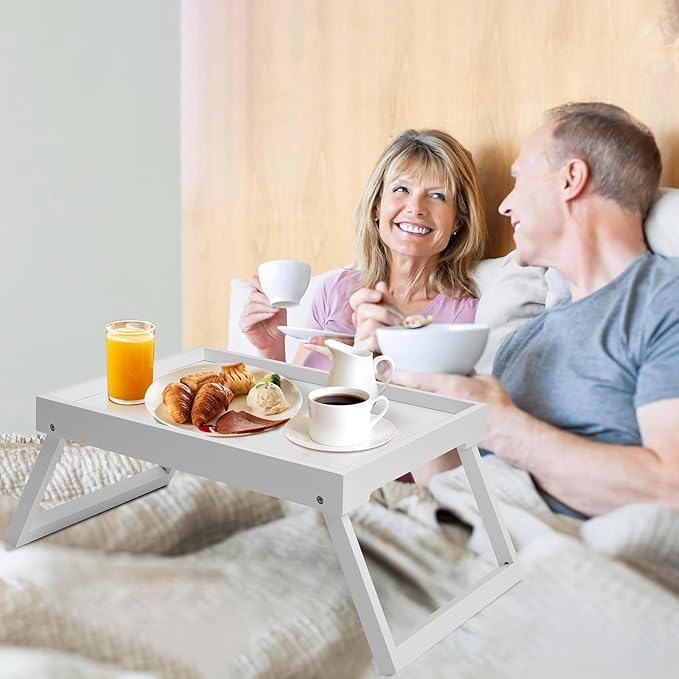 Bamboo Bed Tray Table with Foldable Legs, Breakfast Tray, Laptop Desk for Bed or Sofa,Food,Dinner,Serving,TV Table,Kitchen,Eating,Working (White)