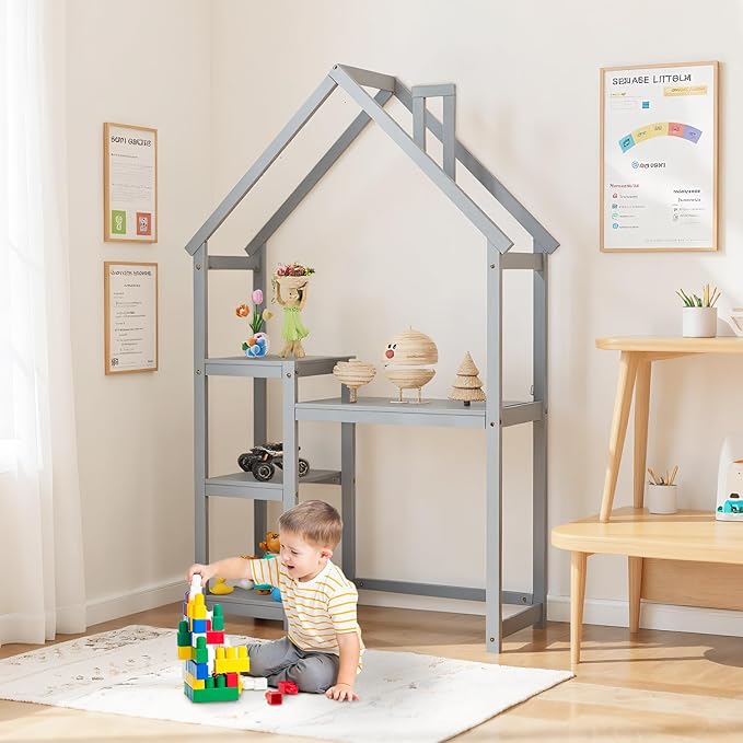 2-in-1 Kids Writing Desk and Bookshelf, 72 inch Tall House-Shaped Wooden Desk for Kids, Built-in 3-Tier Storage Shelves, Anti-Tipping Device, Ideal for Bedroom, Playroom, Learning (Grey)