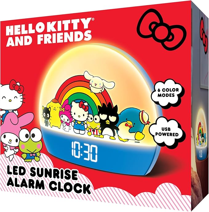 Hello Kitty and Friends Sunrise Alarm Clock - Multicolor Lights, USB Charging, LED Display, and Snooze Function