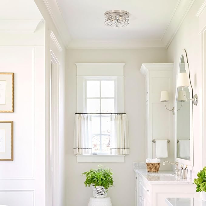 LamQee 9.8" Small Flush Mount Ceiling Light With Clear Hammered Glass, Brushed Nickel Hallway Light Fixtures Ceiling Mount for Bathroom, 2-Lights Farmhouse Close To Ceiling Light Kitchen Foyer Bedroom