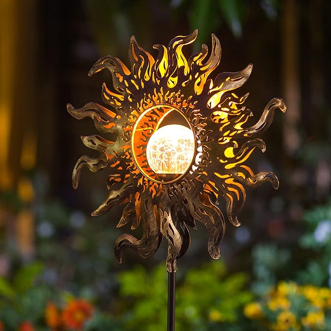 Solar Lights Outdoor Garden Decor Solar Powered Sun Lantern for Yard, Patio,Lawn or Pathway Sun Decorations Crackle Glass Globe Stake Metal Lights Waterproof Warm LED Garden Pathway
