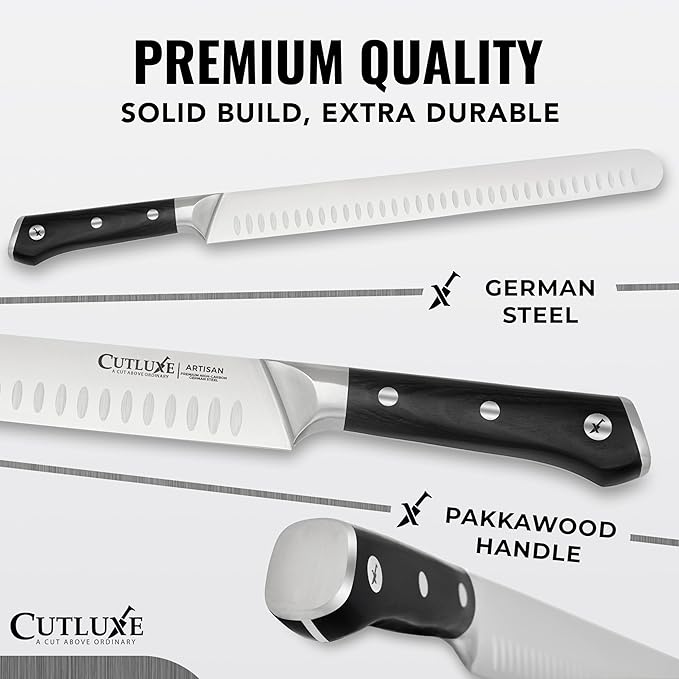 Cutluxe BBQ Knife Carving Set – 12" Brisket Knife & 10" Honing Rod, Butcher Knife Set for Meat Cutting – Ultra Sharp German Steel, Ergonomic Pakkawood Handles – Artisan Series