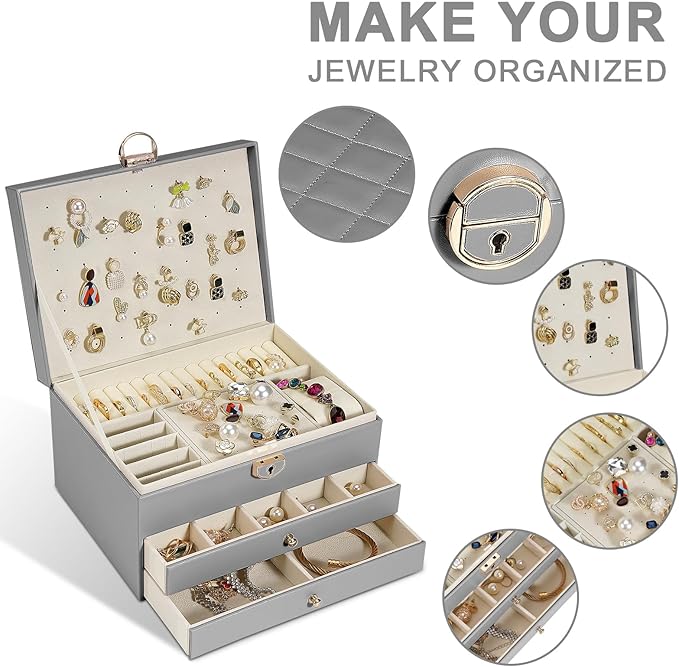 3-Layer Jewelry Box for Women, Earing Holder Jewelry Organizers and Storage with Removable Jewelry Tray, Vintage Quilted Top Lockable Jewelry Holder Gift Idea Gray