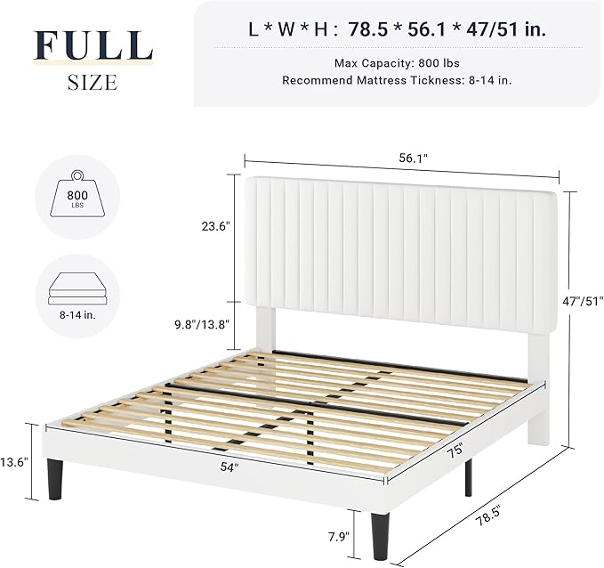 Allewie Full Bed Frame, Velvet Upholstered Platform Bed with Adjustable Vertical Channel Tufted Headboard, Mattress Foundation with Strong Wooden Slats, Box Spring Optional, Easy Assembly, Off-White