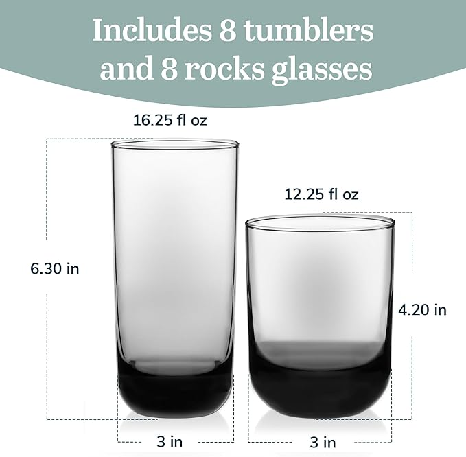 Libbey Polaris Tumbler and Rocks Glass Set, Smoke Hue Drinkware Glasses Set, Lead-Free Tall Water Glasses with Modern Clean Lines, Dishwasher Safe Drinking Glasses Set of 16