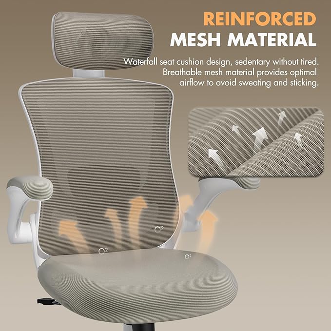 High Back Office Chair with Adjustable Lumbar Support & Headrest, Ergonomic Mesh Desk Chair with Flip-Up Armrests, Breathable & Comfortable Computer Chair for Home, Office & Study, Khaki