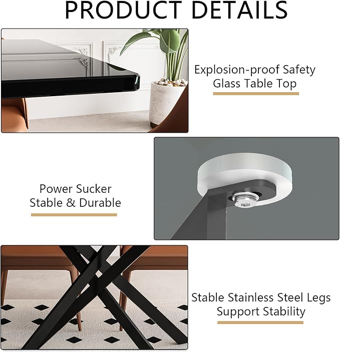 51.18" Glass Dining Table for 4-6, Dining Room Table with Black Tempered Glass and Black Metal Legs, Modern Rectangular Kitchen and Dining Room Dinner Table for Kitchen