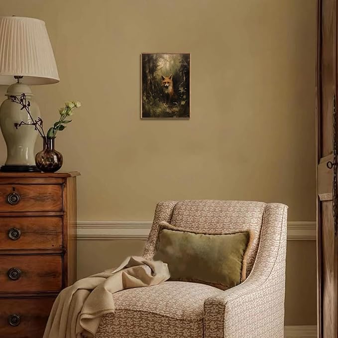 Djmwtb Vintage Framed Wall Art Fox Canvas Wall Art Prints Woodland Animal Painting Forest Pictures Artwork for Living Room Bedroom Bathroom Office 12x16in