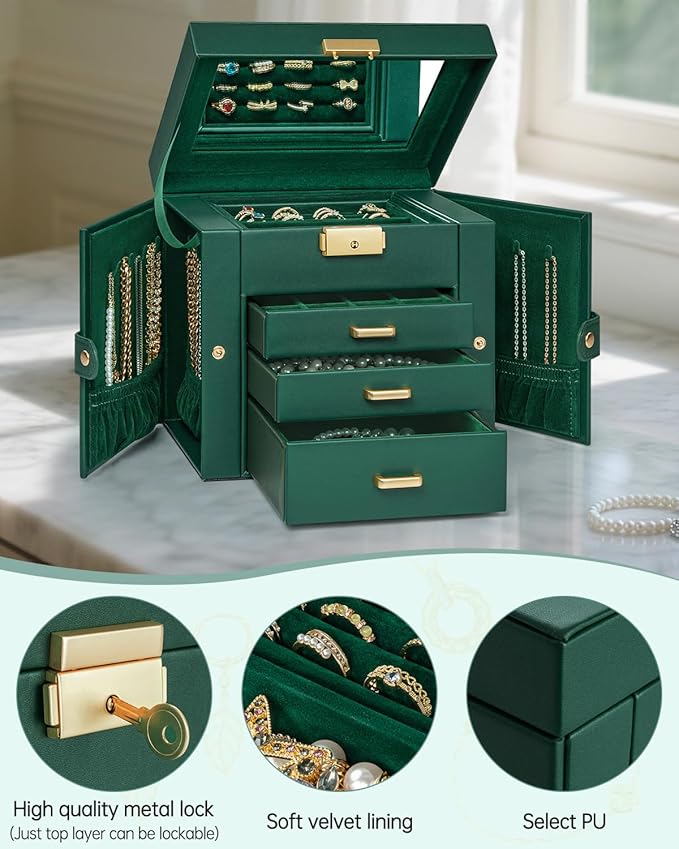 AKOZLIN 4-Tier Jewelry Box Leather Jewelry Storage Organizer with 3 Drawers Lockable for Women Girls Ring Necklace Earring Bracelet Holder with Mirror Forest Green