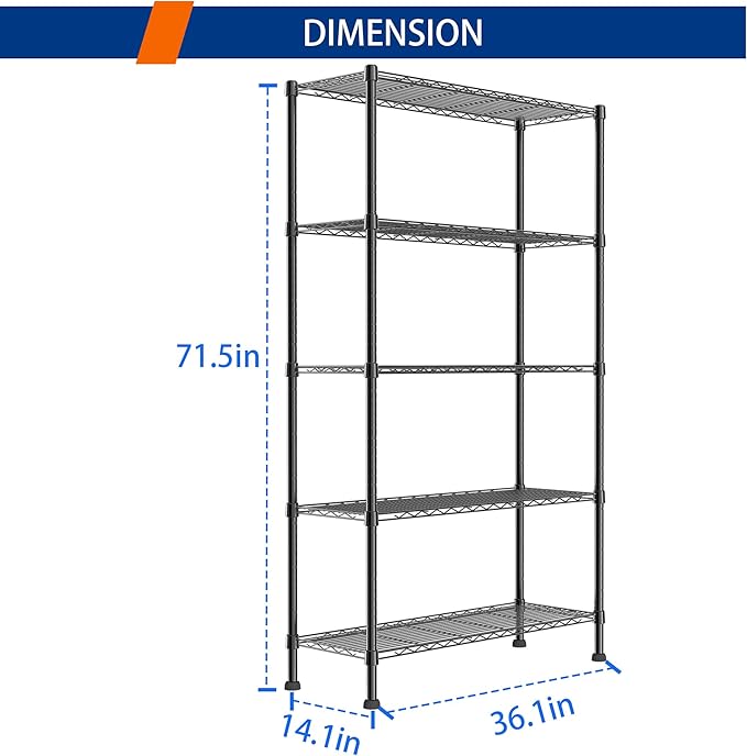 REGILLER 5-Wire Shelving Metal Storage Rack Adjustable Shelves,Standing Storage Shelf Units for Laundry Bathroom Kitchen Pantry Closet(Black,14.1" D x 36.1" W x 71.5" H)