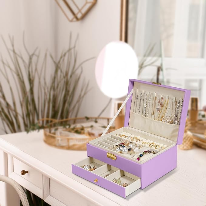 2-Layer Jewelry Box for Women Girls, Jewelry Organizers and Storage with Removable Jewelry Tray, Vintage Quilted Top Lockable Jewelry Holder Gift Idea Light Purple