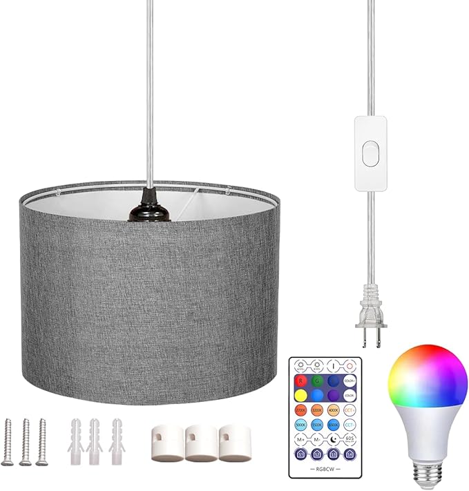 Plug in Pendant Light, Hanging Lamp with RGB Smart Bulb, Hanging Lights with Plug in Cord Hanging Lights for Bedroom Kitchen Living Room Dining Room Pendant Light Fixture