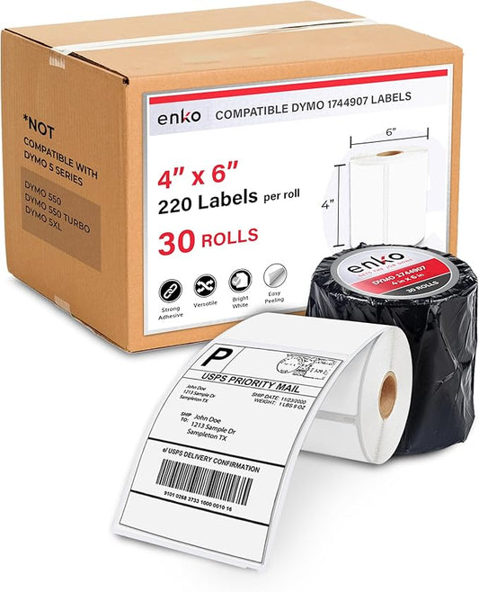 enKo Compatible Zebra 4x6 Label and Dymo Labels 1744907 - (4" x 6") Address and Shipping Labels for Dymo Labelwriter 4XL Shipping, Zebra and Desktop Direct Thermal Printers (30 Rolls, 6,600 Labels)