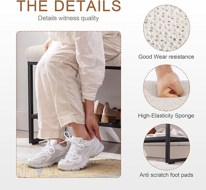 Zesthouse Upholstered Shoe Bench Entryway with Storage, Comfy Line Fabric Bench for Bedroom End of Bed, Metal Shoe Rack for Closet Hallway Doorway Living Room Mudroom, Beige