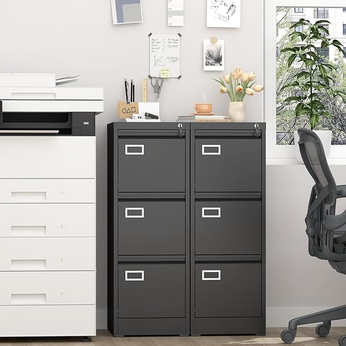 LUCYPAL 3 Drawer File Cabinet,Metal Filing Cabinet with Lock for Letter/Legal/A4 Files,Vertical Locking File Cabinets for Home Office,Assembly Required(Black)