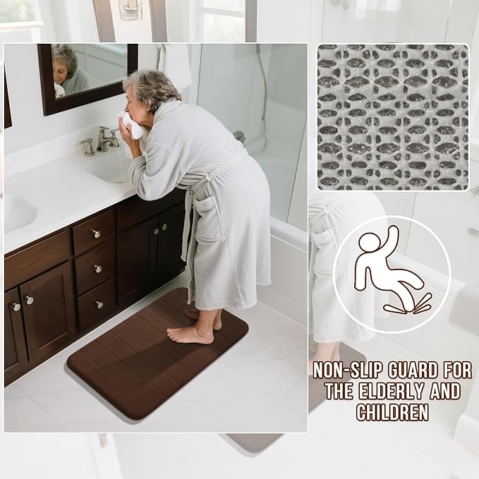 Yimobra Brown Bath Mat 31.5x20 Inch, Super Soft Absorbent Memory Foam Bathroom Rug Non Slip, Quick Dry, Machine Washable Floor Carpet for Tub Shower, Home Decor Accessories