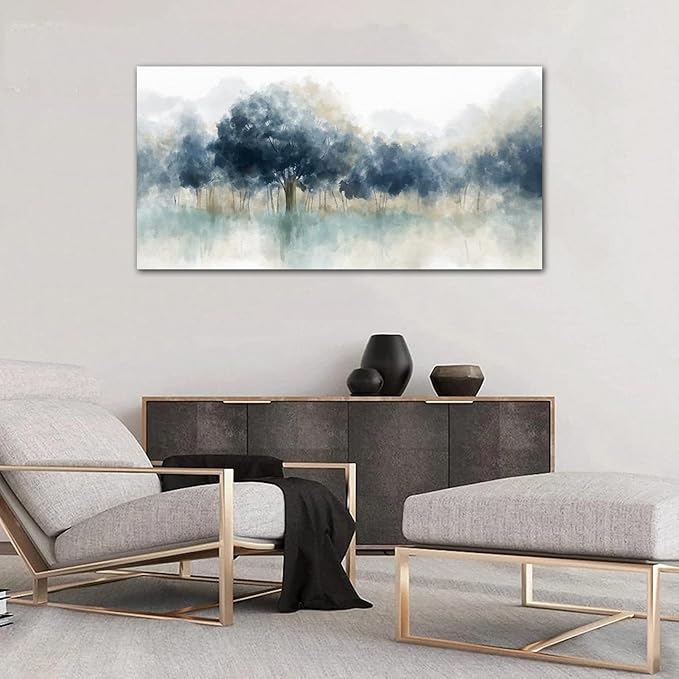 yearainn Foggy Forest Wall Art - Indigo Blue Abstract Trees Canvas Pictures for Wall Decor Nature Canvas Painting Modern Printing Artwork for Living Room Bedroom Home Office Wall Decoration 29" x 58"