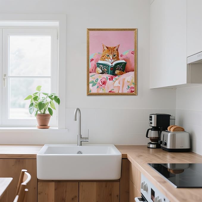 Framed Vintage Cat Canvas Wall Art, Funny Pink Animal Reading Books Painting Picture Print, Cute Kitten Lovers Aesthetic Wall Decor for Nursery Girls Room Bedroom Kids Room 24''L x 16''W
