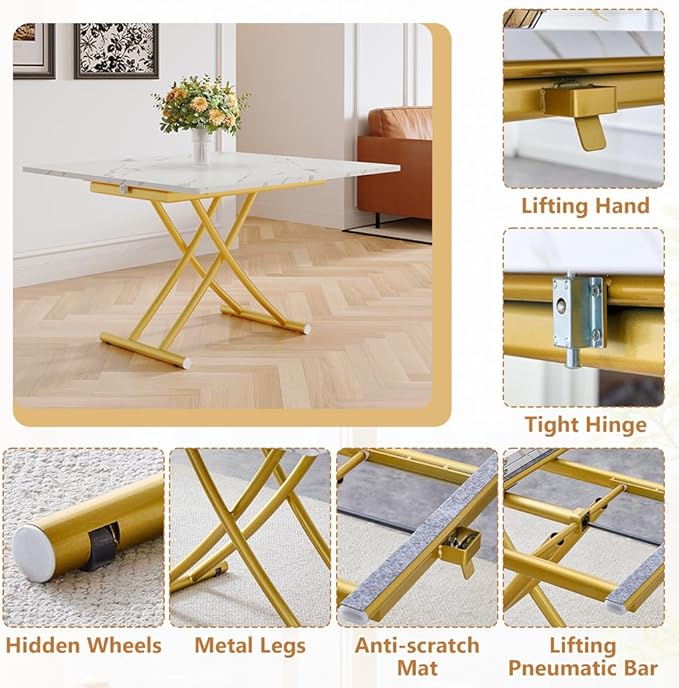 4 in 1 Folding Dining Table with Adjustable Lift Top & Wheels, Multi-Function Coffee Table to Dining Table for Apartments, Kitchens, Living Rooms, Scratch-Resistant & Easy Assembly