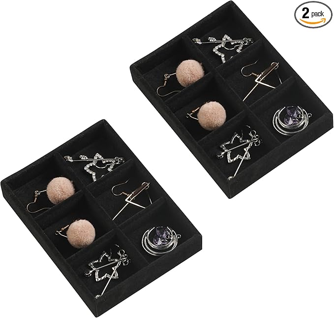 Frebeauty Small Jewelry Tray Set,Stackable Velvet Jewelry Organizer Tray,Mini Jewelry Drawer Organizer,Drawer Inserts,4.92 x 3.74 x 0.9 Inches,6 Grid Earring Organizer for Women(Set 2,Black)