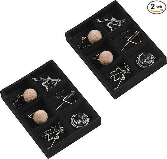 Frebeauty Small Jewelry Tray Set,Stackable Velvet Jewelry Organizer Tray,Mini Jewelry Drawer Organizer,Drawer Inserts,4.92 x 3.74 x 0.9 Inches,6 Grid Earring Organizer for Women(Set 2,Black)