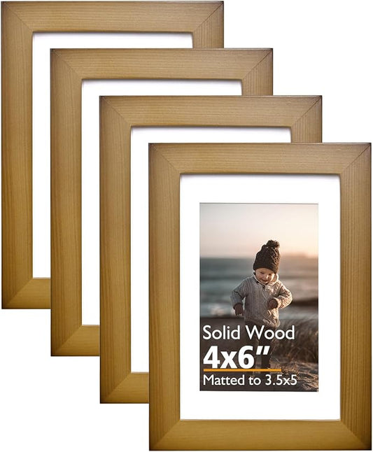 KINLINK 4x6 Picture Frame Brown, Solid Wood Frames with Acrylic Plexiglass for 3.5x5 with Mat or 4x6 without Mat, Tabletop and Wall Display Photo Frame, Set of 4