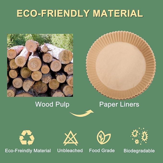 Air Fryer Paper Liner, Unbleached & Biodegradable Material, Disposable Non-stick Parchment Paper for Frying, Baking, Roasting & Grilling (100Pcs-6.3")