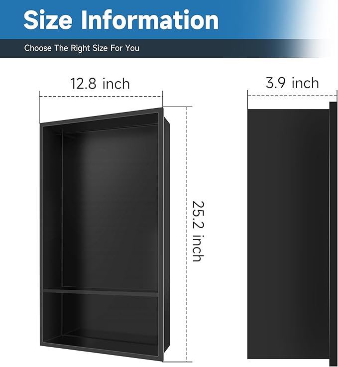 12" X 25" Stainless Steel Shower Niche Insert Tile Ready, Niche for Shower Wall, 2-Tier Recessed Shelves No Tile Needed for Bathroom Storage, Matte Black