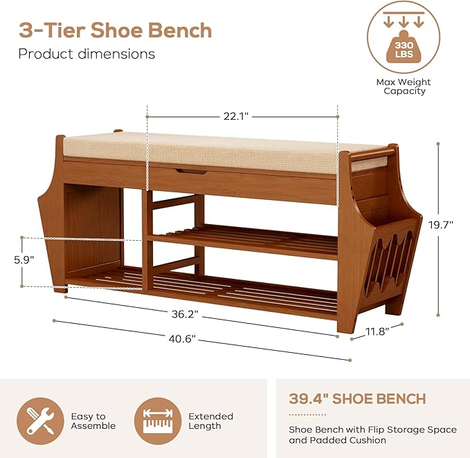 39.4in Shoe Bench with 2 Side Holder, 3 Tier Bamboo Entryway Bench with Storage, Shoe Rack Bench Organizer with Cushion for Entryway Hallway Living Room, Holds up to 330lbs